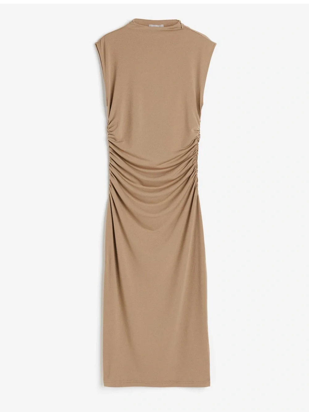 H&M Sleeveless Ruched Midi Dress in Tan